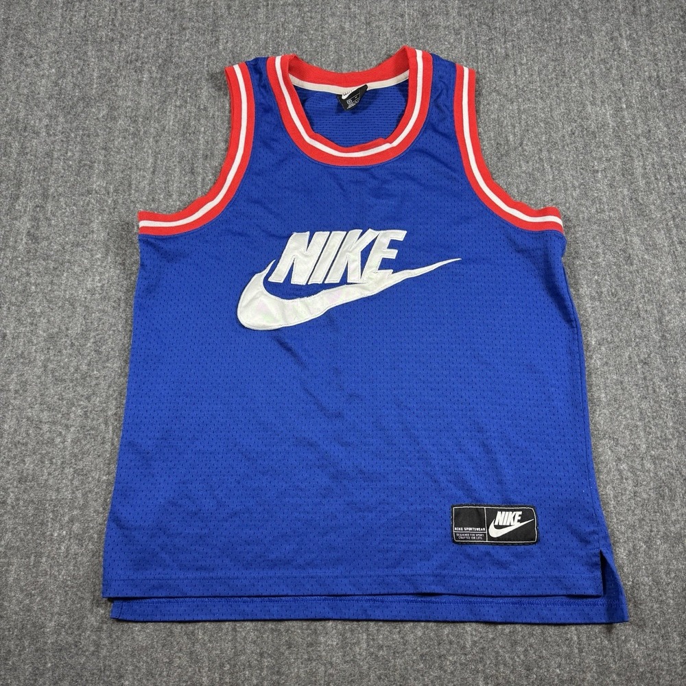 Nike Sportswear Men's Mesh Basketball Jersey Tank Size M Blue Red Swoosh Retro